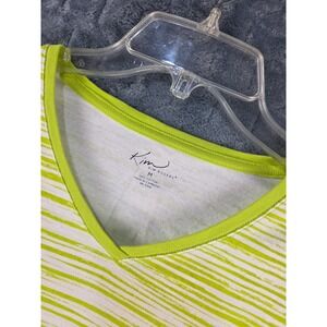 Kim Rogers Womens Lime Green White Slub Stripe 3/4 Sleeve V-Neck Cotton Top M